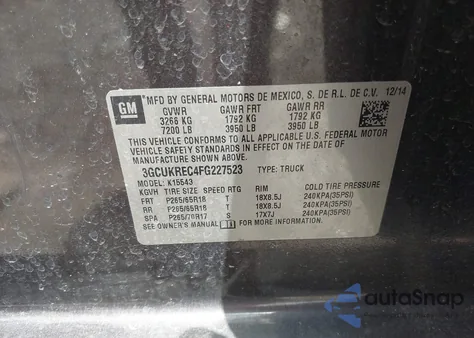 2015 Chevrolet Silverado 1500 2Lt из США, поврежденный, VIN 3GCUKREC4FG227523